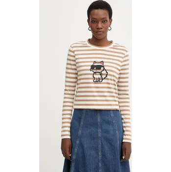 Pánské tričko Bavlněné tričko s dlouhým rukávem Karl Lagerfeld IKON A1W17137 béžová 80X, vel. XXL