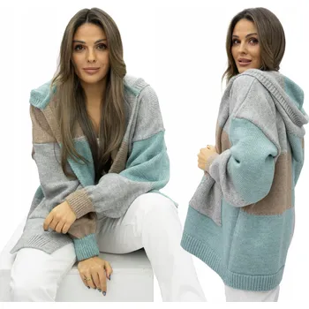 Dámský svetr BRUNE Polský moderní BAREVNÝ oversize kardigan s kapucí a kapsami