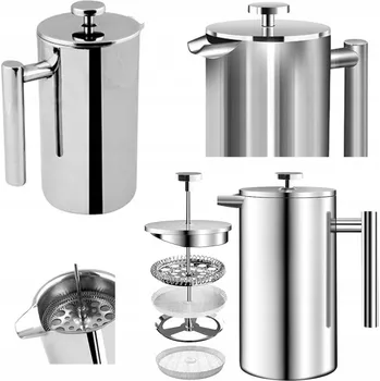 Kávovar STŘÍBRNÝ RUČNÍ KÁVOVAR FRENCH PRESS NA KÁVU A ČAJ NEREZOVÁ OCEL 1L