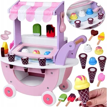 Dřevěná hračka Pastelová roztomilá ZMRZLINOVÝ STÁNEK na kolečkách ze dřeva + 8 různých zmrzlin ZA5946