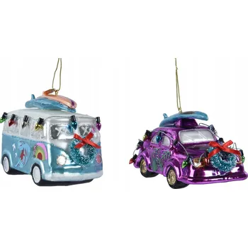 Vánoční dekorace Vánoční Koule skleněná - fialové auto s vánočními světýlky
