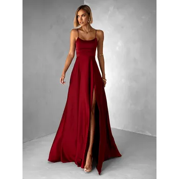 Dámské šaty Bordó dlouhé plesové šaty CELLINES se šněrováním a rozparkem Velikost: M