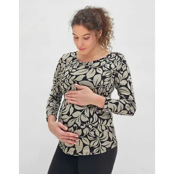 Těhotenská móda Těhotenské a kojicí tričko 3v1 - béžové melange s černým vzorem Velikost: M