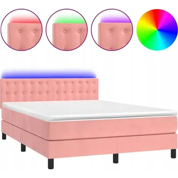 Postel Růžová kontinentální postel s matrací a LED diodami, sametová, 203x144x78/8 cm