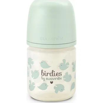 SUAVINEX BIRDIES láhev - 1x kojenecká skleněná láhev, physiologický průtok