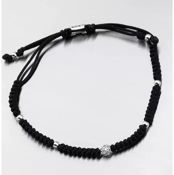 Náramek Náramek bílé zlato 585 černý provázkový s kuličkou a se zirkony 74-5196B-Black délka 17 cm