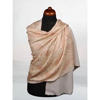 Šála Kašmírská vlněná šála vyšívaná hedvábím světle béžová se zlatou a světle hnědou