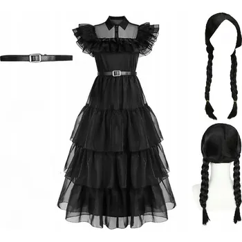 Karnevalový kostým Kostým Wednesday, žákyně, KOMPLET! Šaty, Paruka, Pásek, velikost 140-150 cm.