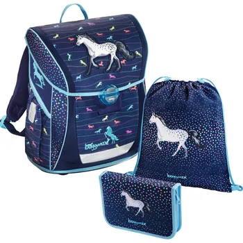 hama Školní aktovka – 3-dílný set, Baggymax Fabby Džínový koník + Trojhranné pastelky 12 barev - ZDARMA