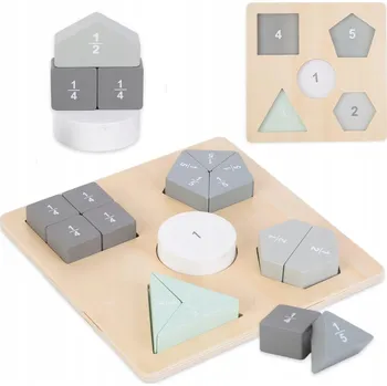 Dřevěná hračka DŘEVĚNÉ MONTESSORI PUZZLE TVARY FIGURY ČÍSLA ZLOMKY PRO DĚTI