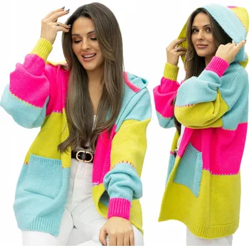 Dámský svetr BRUNE Polský moderní BAREVNÝ oversize kardigan s kapucí a kapsami