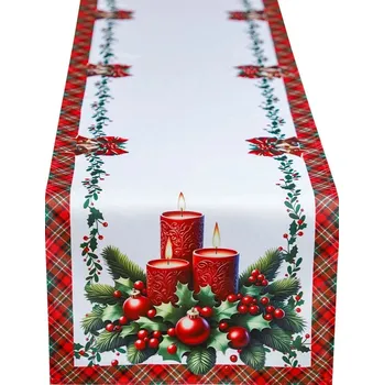 ubrus Vánoční ubrus se svíčkami a koskovým okrajem bílý/červeným/zelený 40 x 180 cm