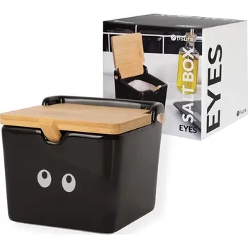 Fisura – Originální slánka „ojos“ v černé barvě. Extra velká, čtvercová keramická slánka s dřevěným