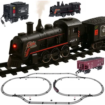 Vláček a vláčkodráha VELKÁ ELEKTRICKÁ VLAKOVÁ SOUPRAVA LOKOMOTIVA S VAGÓNY VLAK S KOUŘEM A ZVUKEM