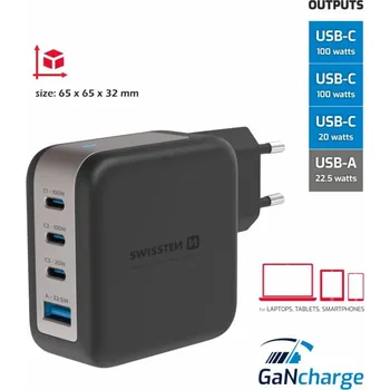 SWISSTEN SÍŤOVÝ ADAPTÉR GaN 3x USB-C 100W PD + 1x USB-A 18W QC ČERNÝ