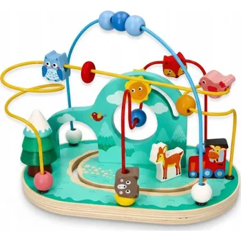 Dřevěná hračka DŘEVĚNÁ MOTORICKÁ SMYČKA LESNÍ S BAREVNÝMI KORÁLKY HRAČKA 12M+
