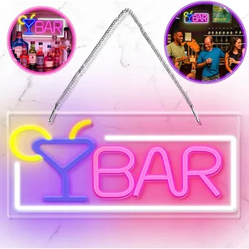 Obraz BAREVNÉ LED OSVĚTLENÍ BAR 42X22CM NEON NÁSTĚNNÁ DEKORACE PÁRTY DOVOLENÁ