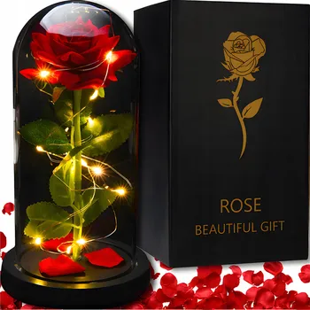 umělá květina STABILIZOVANÁ RŮŽE VE SKLE 2 KVĚTY SVÍTÍCÍ LED ČERVENÁ RŮŽE DÁREK
