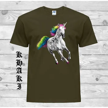 Pánské oblečení panske-levne-bavlnene-tricko-potisk-barevny-jednorozec Barva: Khaki, velikost: M