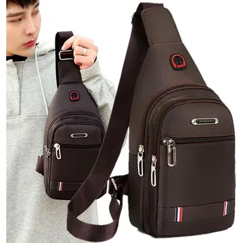 Pánský městský batoh přes rameno, hnědý, syntetická tkanina Oxford, 70-130x19x30 cm