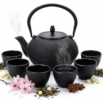 Konvice na čaj KONVICE LITINOVÁ S LOUHOVAČEM 1,8L SE SADOU 6 ŠÁLKŮ NA ČAJ BYLINKY ČERNÁ