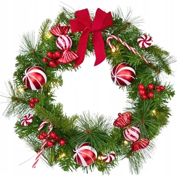 Bytová dekorace Věnec s červenou mašlí a candy dekoracemi 15×LED Ø40 cm