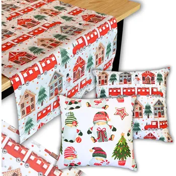 ubrus Vánoční běhoun na stůl 125x45 + Povlaky na polštářky 40x40 Sada Dárek Mikuláš