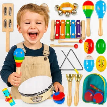 Dřevěná hračka DĚTSKÉ DŘEVĚNÉ PERKUSNÍ NÁSTROJE KASTANĚTY TROJÚHELNÍK ZVONEK