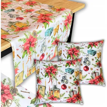 ubrus Vánoční běhoun na stůl 125x45 + Povlaky na polštářky 40x40 Sada Dárek Mikuláš