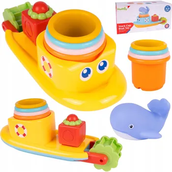 Hračka pro nejmenší LOĎ VELRYBA s velrybou a kostkami DO KOUPELE vodní HRAČKA PROLÉVACÍ HRNÍČKY 4x