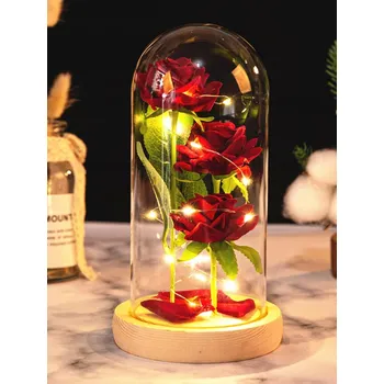 umělá květina ČERVENÁ TROJITÁ UMĚLÁ STABILIZOVANÁ RŮŽE VE SKLE LED