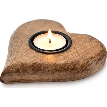 Svícen Dřevěný svícen na čajovou svíčku z manga ve tvaru srdce 12,5 × 12 cm Orion