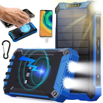 Powerbanka SOLÁRNÍ POWERBANKA BEZDRÁTOVÉ NABÍJENÍ SVÍTILNA 26800 MAH MODRÁ