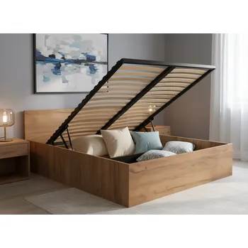 Postel POSTEL S VÝKLOPEM 160x200 DUB KRAFT ZLATÝ + KOVOVÁ KONSTRUKCE + ÚLOŽNÝ PROSTOR