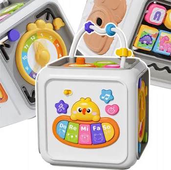 SMYSLOVÁ KOSTKA EDUKATIVNÍ ZVUKY OZUBENÁ KOLA PŘEVODY MONTESSORI 6v1