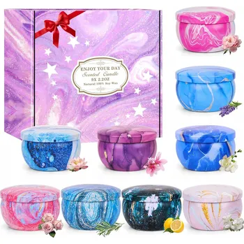 Svíčka SADA VONNÝCH SÓJOVÝCH SVÍČEK V PLECHOVKÁCH PŘÍRODNÍ JAKO DÁREK 9 KUSŮ