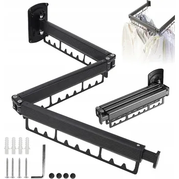 Věšák SKLÁDACÍ VĚŠÁK NA OBLEČENÍ NA ZEĎ, TYČ 1.27M (127CM), HLINÍKOVÝ, ČERNÝ