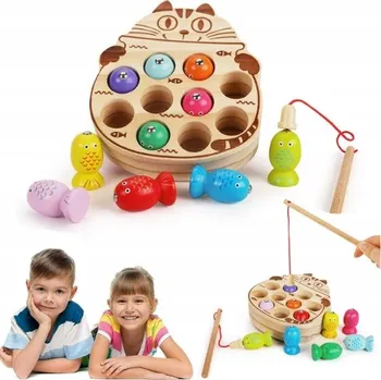 Dřevěná hračka Dřevěná Dovednostní hra Magnet Rybičky koček + 2 Stator tyče