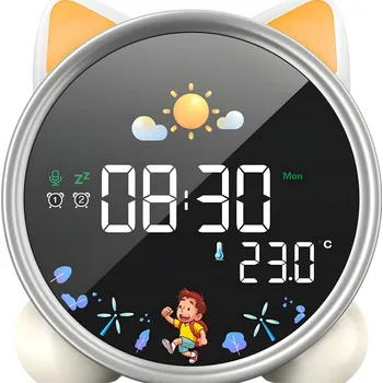 Budík BUDÍK PRO DĚTI KOČKA Noční Lampa LED Alarm Bílý Šum Trénink Spánku