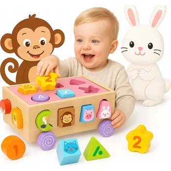 Dřevěná hračka DŘEVĚNÁ TŘÍDIČKA MONTESSORI KOSTKA VZDĚLÁVACÍ SKLÁDAČKA NA STAVEBNICE JEZDÍ