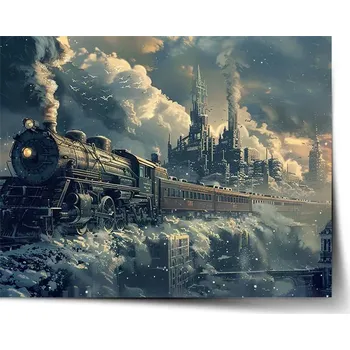 Plakát Sablio Plakát Parní lokomotiva v zasněženém městě - 60x40 cm