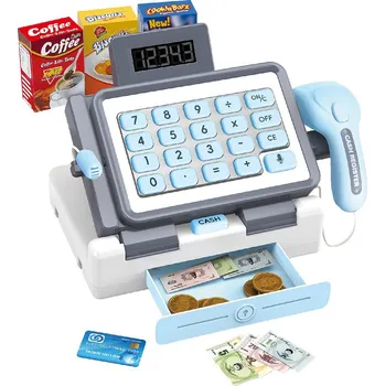 Hra na obchod Pokladna s efekty modrá 25cm funkce kalkulačky, mikrofon, šuplík na peníze | 890021