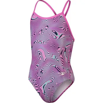 Dívčí plavky Speedo Allover Digital Vback Neon Reefs Girl True Navy/Orchid/Green Glow 164cm