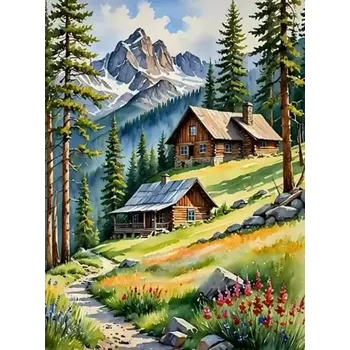 Diamantové malování Diamantové malování/Homfun - Chaty na stráni pod horami + perleťové kamínky