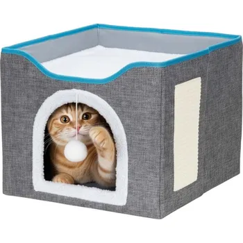 Pelíšek pro psa Domeček pro kočku s bambulí SPRINGOS PA1085 šedý