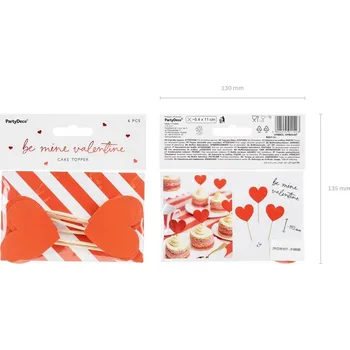 Svatební dekorace Cukrářské zápichy SRDCE / hearts, výška 11cm, červená barva - set 6ks (zn. PartyDeco)