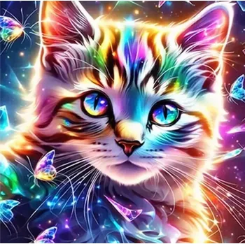 Diamantové malování Diamantové malování/HOMFUN - Kočka barevná + třpytivé kamínky