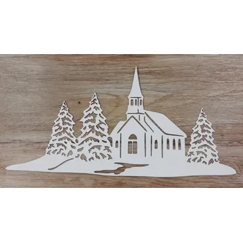 Vánoce Bílý výřez na okno - kostelík - 15x30cm