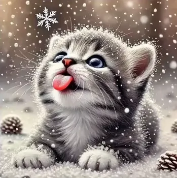 Diamantové malování Diamantové malování/Homfun - Kotě a sněhové vločky + perleťové kamínky (30x30)