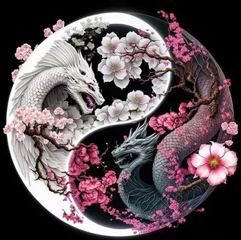 Diamantové malování Diamantové malování/HOMFUN - Draci a květiny + třpytivé kamínky